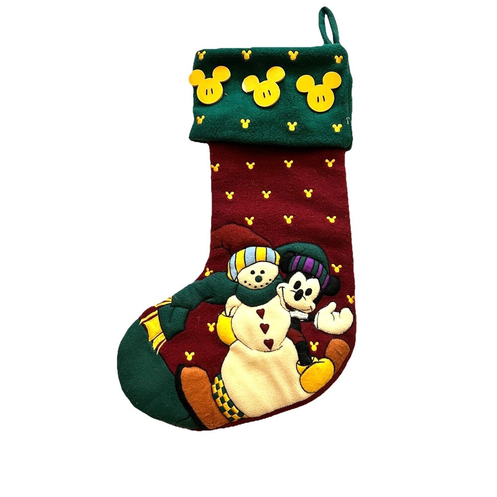 Disney Mickey Mouse Snowman Felt Embroidered Christmas Stocking Wood READ ISSUE